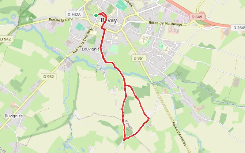 Tracé du parcours Sentier des sources au départ de Bavay