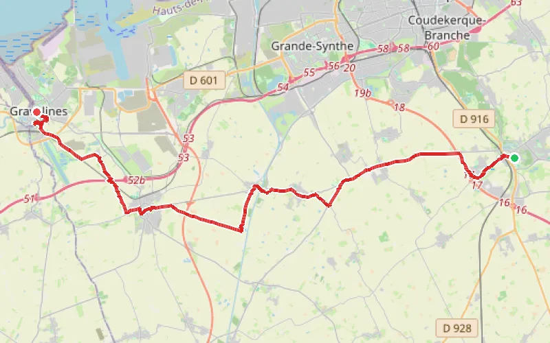 Tracé du parcours Bergues - Gravelines