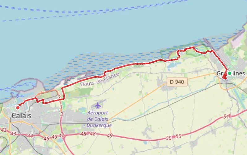 Tracé du parcours Gravelines - Calais