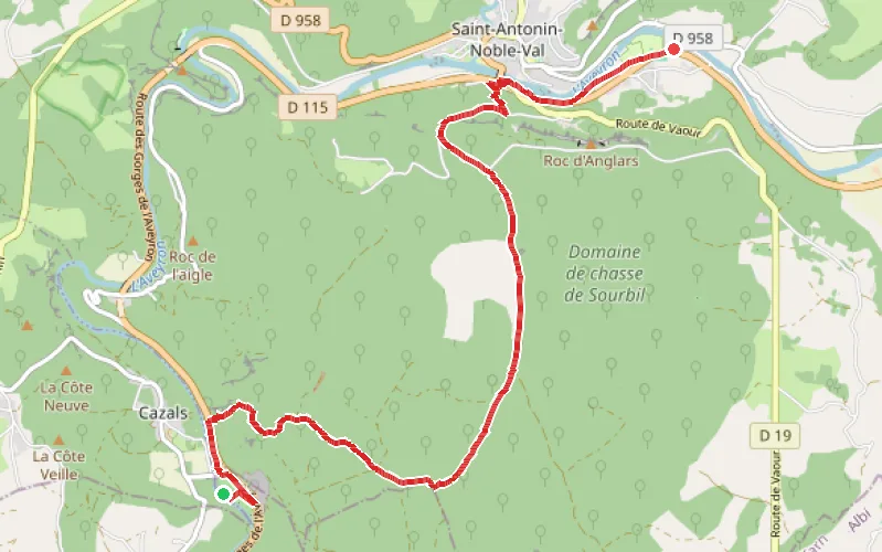 Tracé du parcours De Cazals à St Antonin. Marche et Kayak