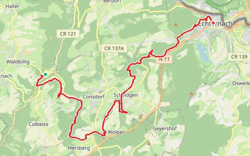Tracé du parcours Route 2/Étape 1 : Mullerthal - Echternach