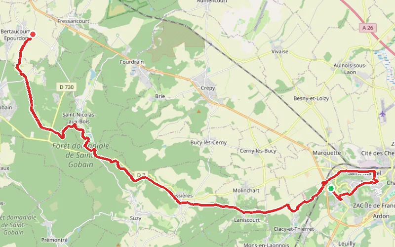 Tracé du parcours De Laon à Bertaucourt-Epourdon