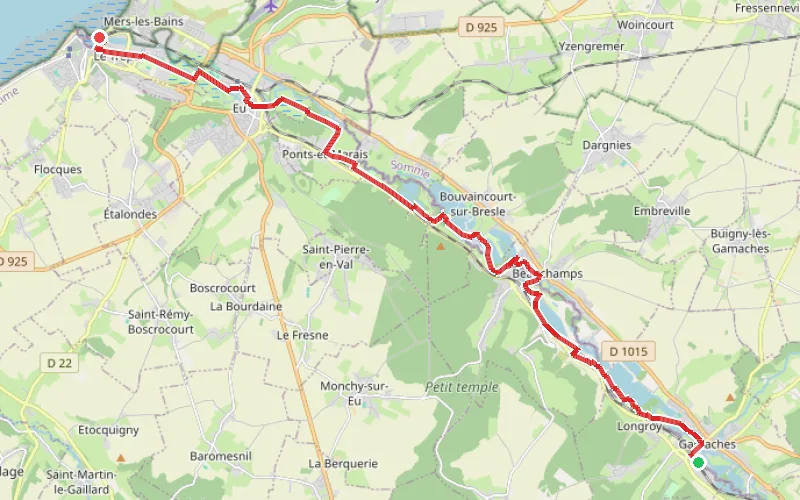 Tracé du parcours De Longroy-Gamaches au Tréport, le long de la Bresle et des étangs