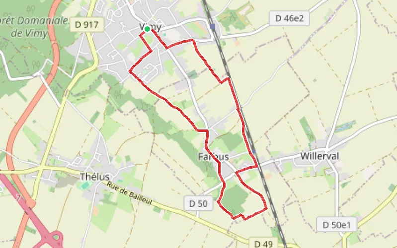 Tracé du parcours Les deux églises depuis Vimy