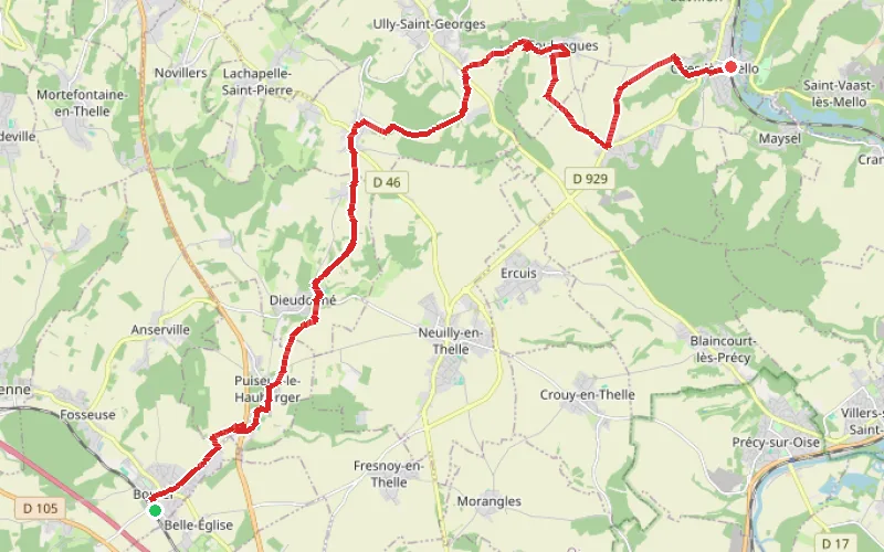 Tracé du parcours De Bornel à Cires-lès-Mello à travers le Pays de Thelle