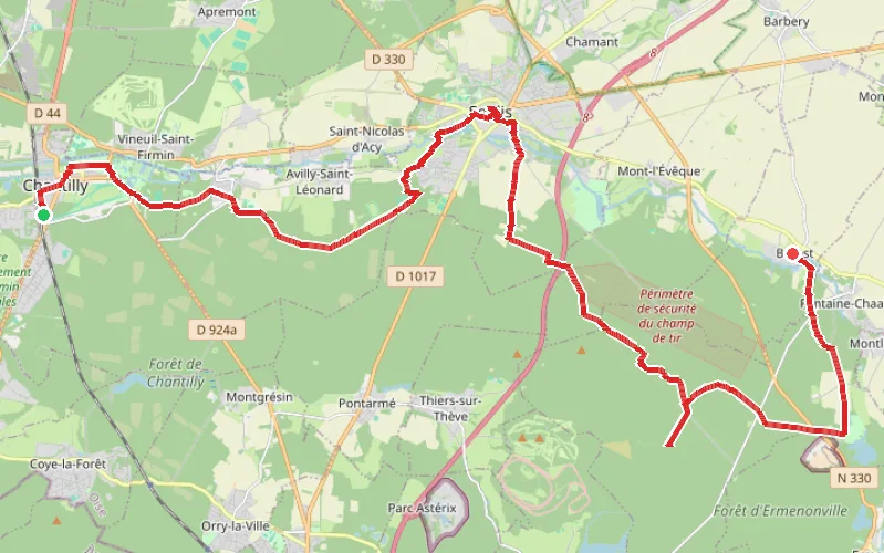 Tracé du parcours De Chantilly à Borest via Senlis par le Massif des Trois-Forêts