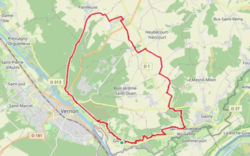 Tracé du parcours Des coteaux de la Seine au départ de Giverny aux plaines du Vexin