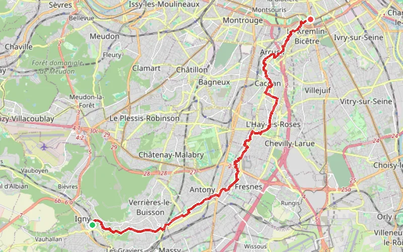 Tracé du parcours En suivant la Bièvre d'Igny à la Porte d'Italie
