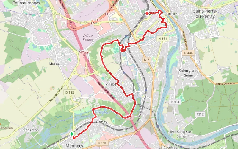 Tracé du parcours De Mennecy à Corbeil-Essonnes par le Parc de Robinson