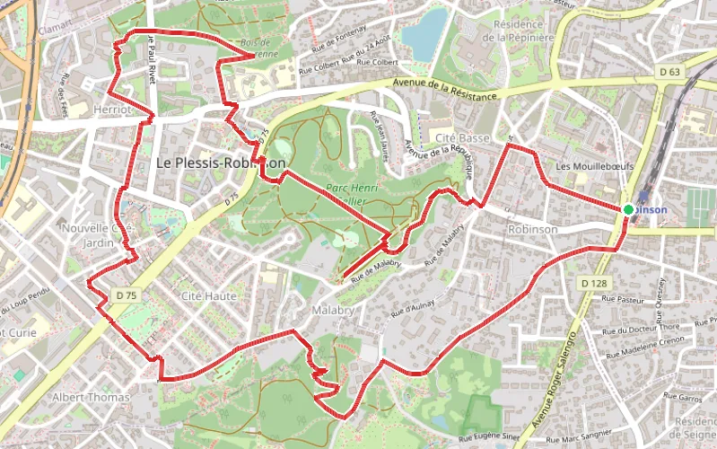 Tracé du parcours Nouvel urbanisme, promenade sur berges et parcs boisés au Plessis-Robinson