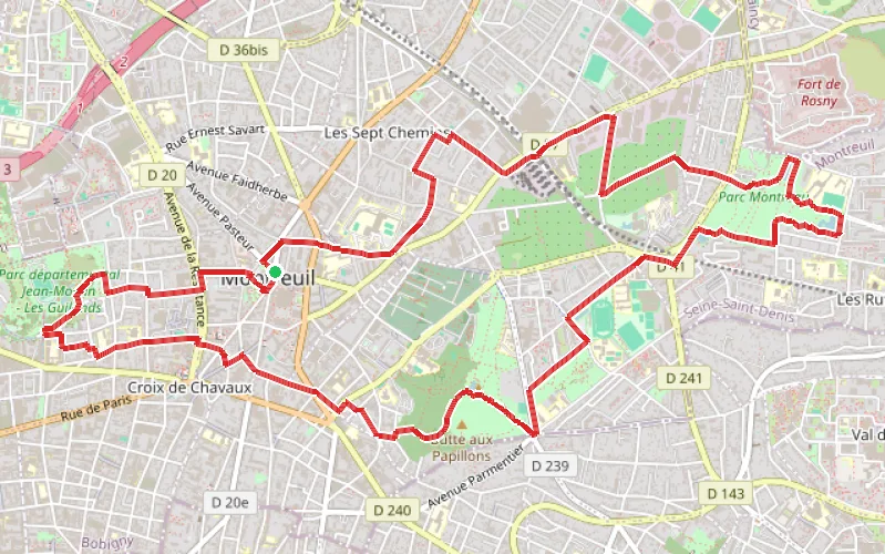 Tracé du parcours Les parcs urbains et les murs à pêches de Montreuil