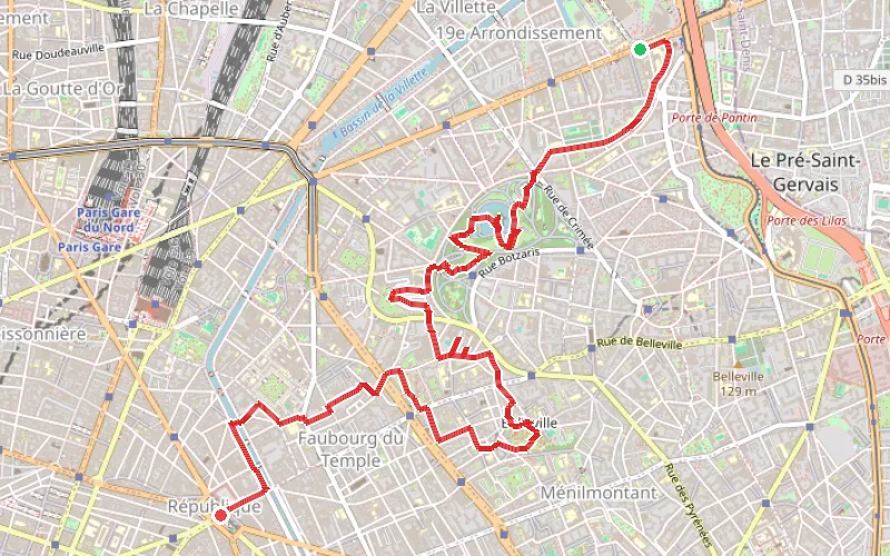 Tracé du parcours Sur les hauts de Paris : Buttes Chaumont, Butte Bergeyre, Belleville
