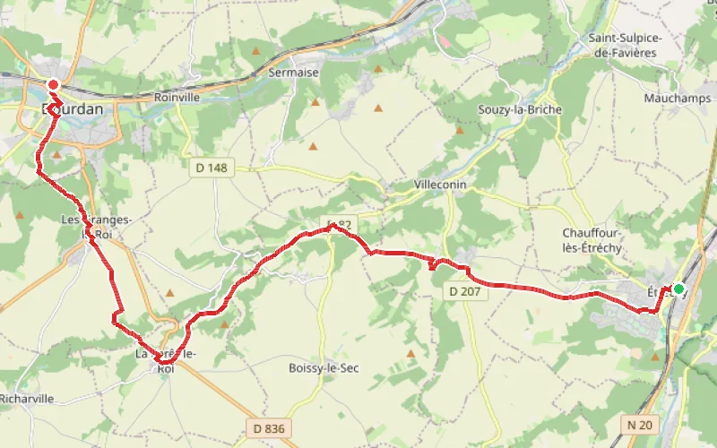 Tracé du parcours D'Étréchy à Dourdan à travers champs et bois du Hurepoix