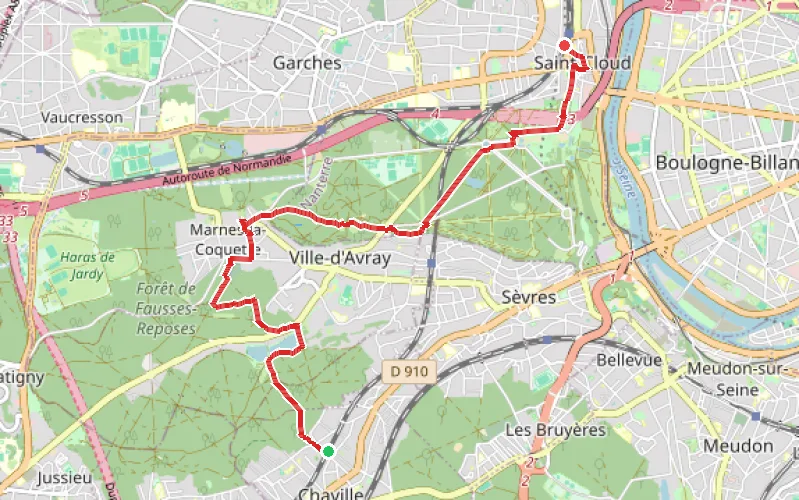 Tracé du parcours De Chaville à Saint-Cloud par la forêt, les étangs et le parc