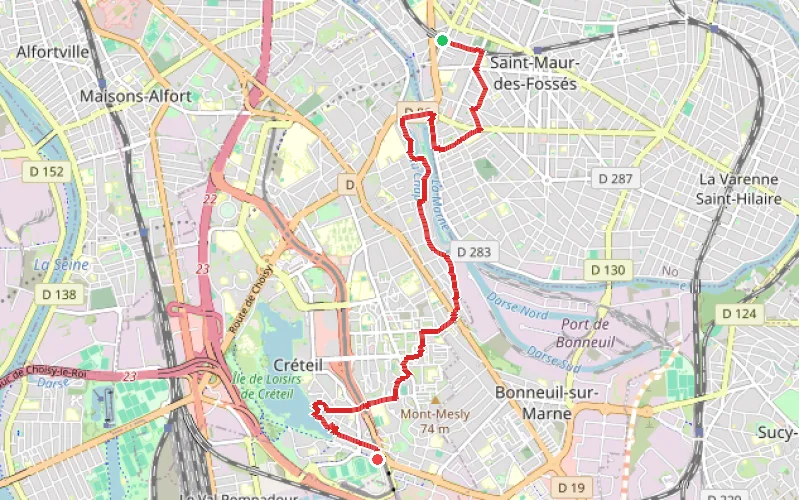 Tracé du parcours De Saint-Maur à Créteil par un bras de la Marne et la pointe du lac