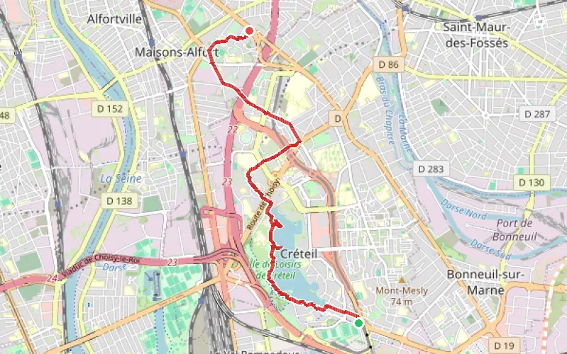 Tracé du parcours De Créteil à Maisons-Alfort par le lac et le quartier des Juliottes