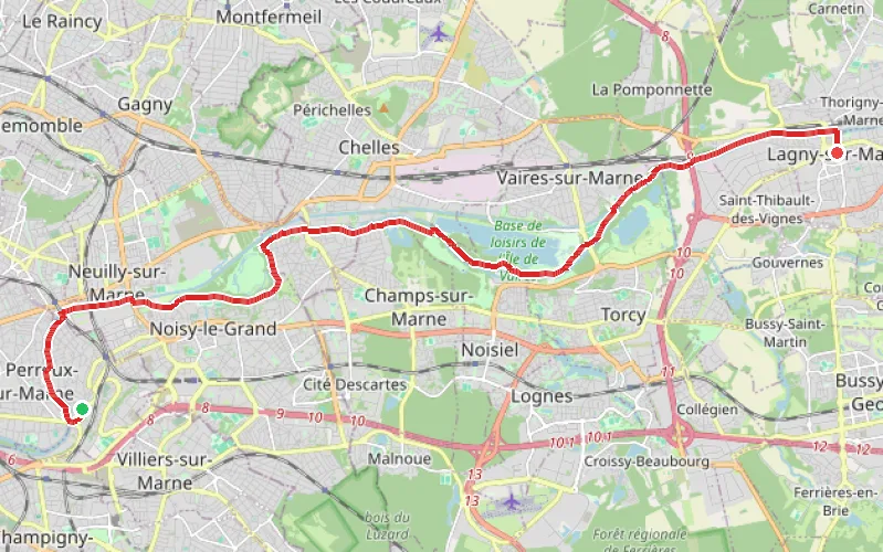 Tracé du parcours De Bry-sur-Marne à Lagny-sur-Marne
