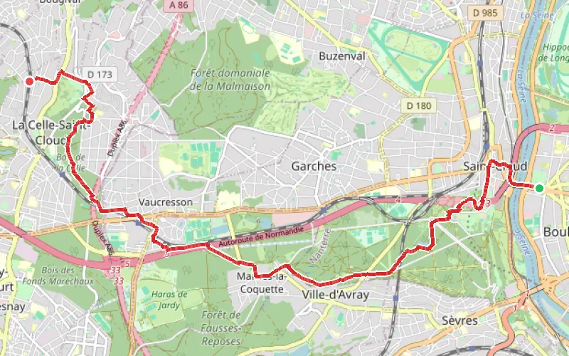 Tracé du parcours De Boulogne à Bougival par le Parc de Saint-Cloud et le Bois de La Celle