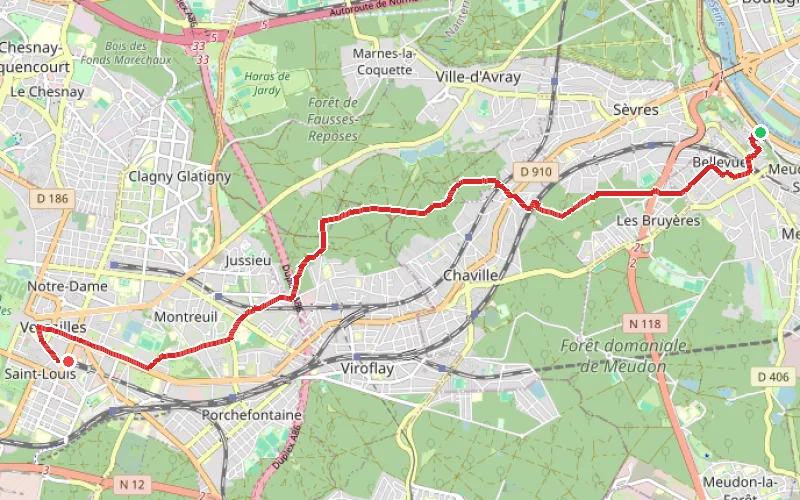 Tracé du parcours Marche des femmes du 5 octobre 1789 : de Sèvres au Château de Versailles