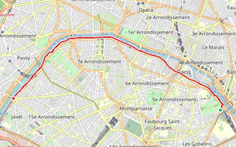 Tracé du parcours Du Pont d'Austerlitz au Port de Javel par les berges de la Seine