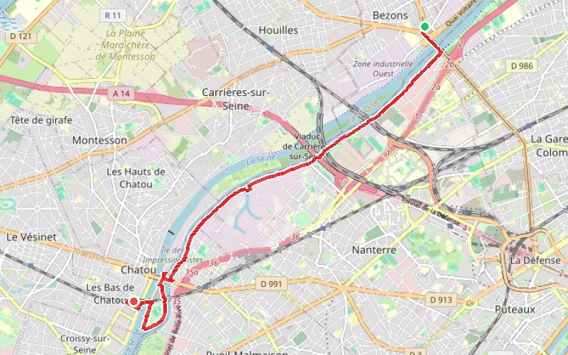 Tracé du parcours Sur les pas des Impressionnistes du Pont de Bezons à Chatou