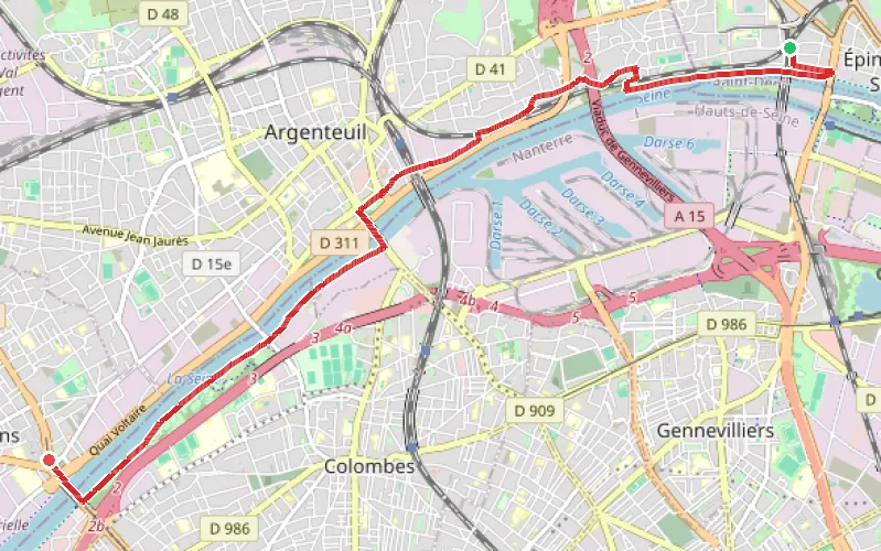 Tracé du parcours D'Épinay au Pont de Bezons à travers Argenteuil et le Parc Lagravère