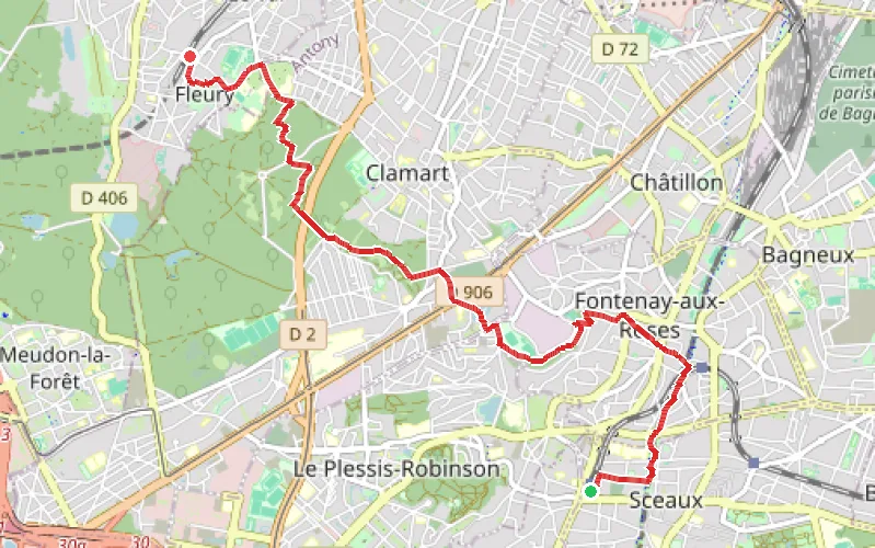 Tracé du parcours De Robinson à Meudon par la Coulée Verte et le Sentier du Panorama