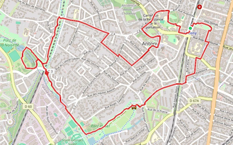 Tracé du parcours Coulées vertes, parcs et petites rues dans Antony