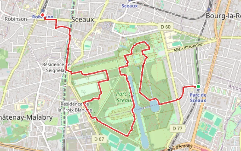 Tracé du parcours Du Parc de Sceaux à Robinson