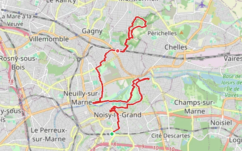 Tracé du parcours De Noisy-le-Grand à Gagny et le Mont Guichet