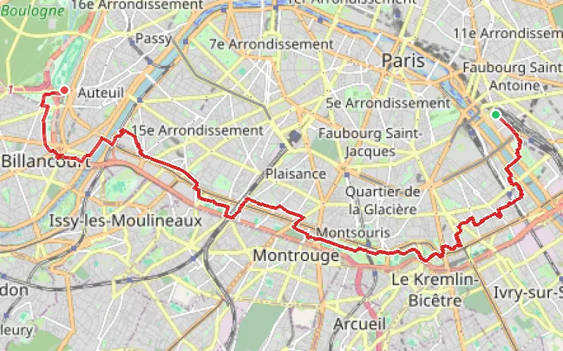 Tracé du parcours De la Gare de Lyon à la Porte d'Auteuil