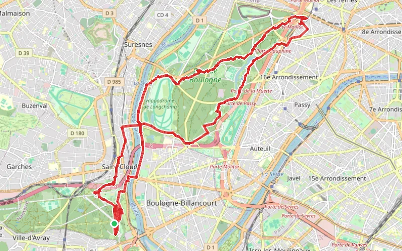 Tracé du parcours Du Parc de Saint-Cloud à la Porte Maillot en boucle