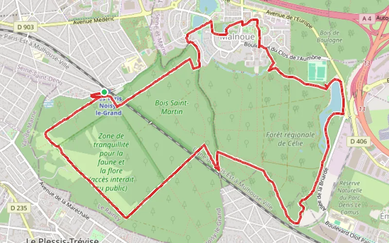 Tracé du parcours Boucle des bois de Saint-Martin et Célie - Château et étangs de Malnoue