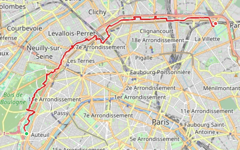 Tracé du parcours De la Porte d'Auteuil à la Porte de la Villette