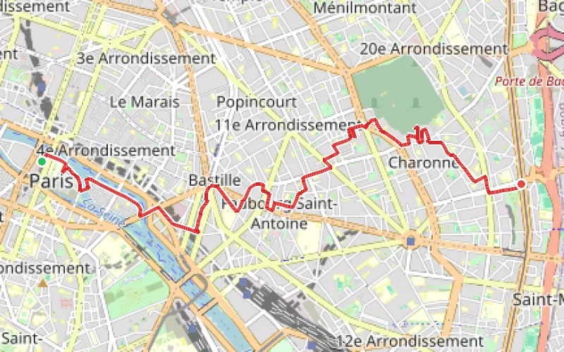 Tracé du parcours De l'Île de la Cité à la Porte de Montreuil