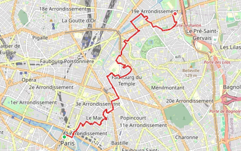 Tracé du parcours De l'Île de la Cité à la Porte de Pantin