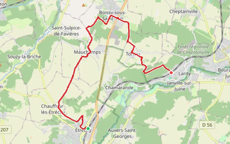 Tracé du parcours D'Étréchy à Lardy par les coteaux de la rive gauche