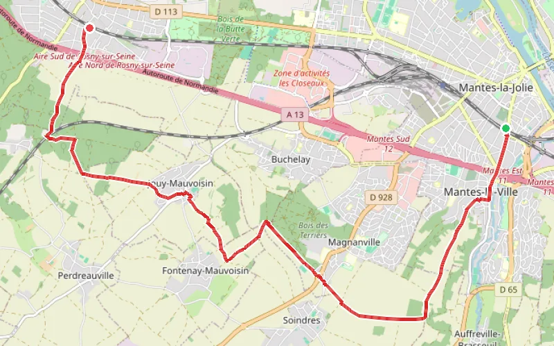 Tracé du parcours De Mantes-la-Ville à Rosny-sur-Seine par la campagne