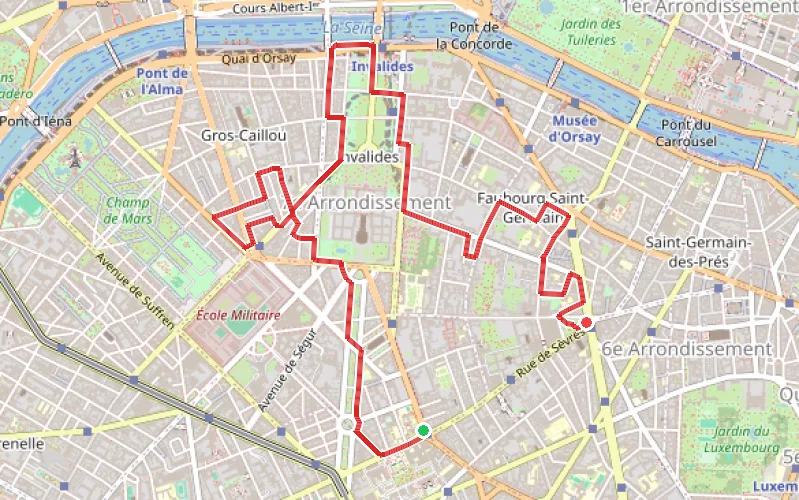 Tracé du parcours Le bestiaire des Invalides et du Faubourg Saint-Germain