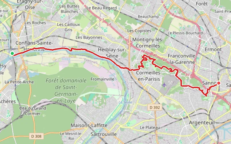 Tracé du parcours De Conflans à Sannois par les Buttes du Parisis