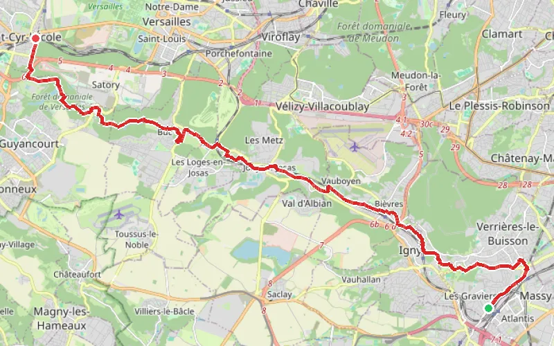 Tracé du parcours De Massy à Saint-Cyr-l'École par la vallée de la Bièvre