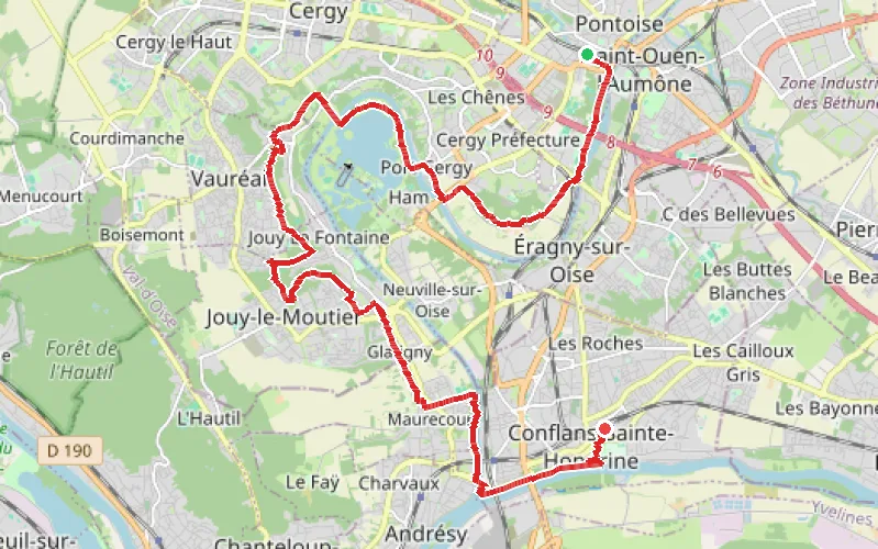 Tracé du parcours De Pontoise à Conflans au fil de l'eau