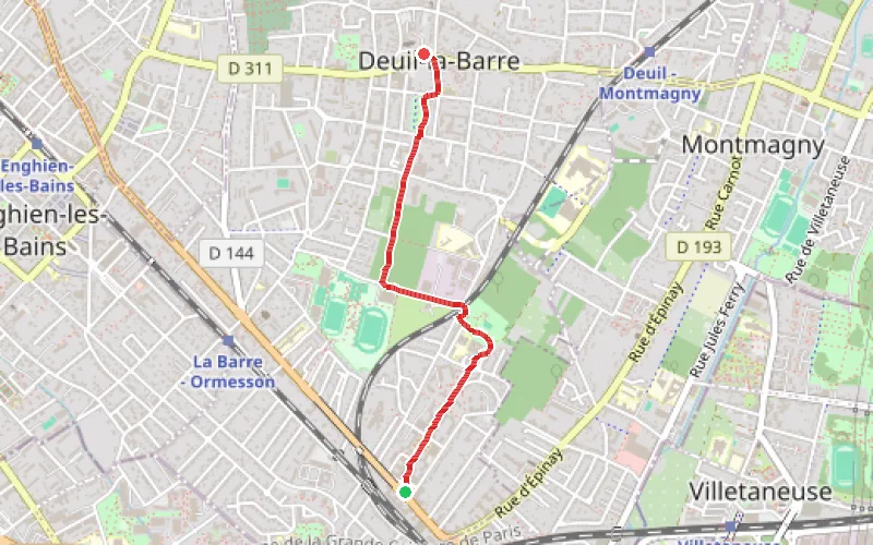 Tracé du parcours De la Statue Galatée à l'Église Notre-Dame de Deuil