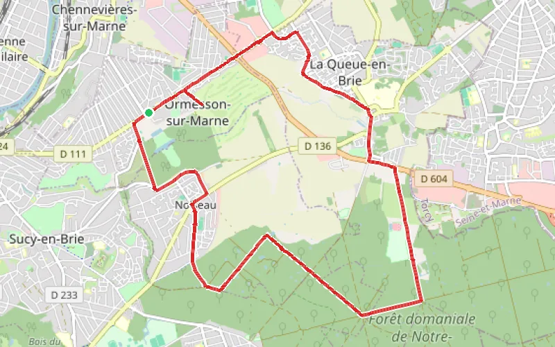 Tracé du parcours La Queue-en-Brie, Noiseau et Chennevières depuis Ormesson