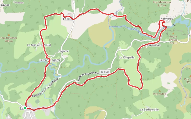 Tracé du parcours Tarnac, moulins et rochers