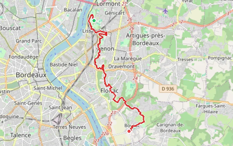 Tracé du parcours Le long des coteaux bordelais