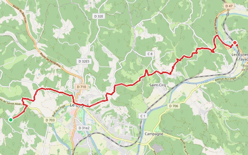 Tracé du parcours Limeuil - Les Eyzies-de-Tayac-Sireuil