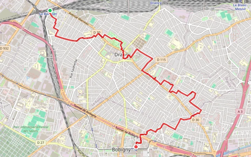 Tracé du parcours Urbanisme et parcours de mémoire à Drancy