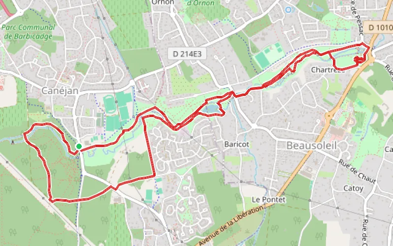 Tracé du parcours La coulée verte de l'Eau Bourde entre Canéjan et Gradignan