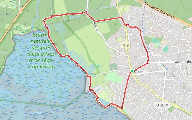 Tracé du parcours La Dame Océane et les prés salés depuis Arès